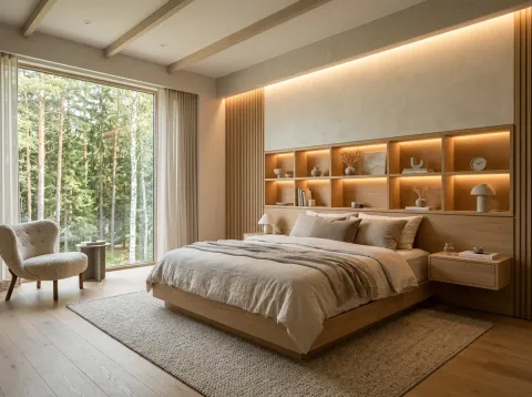 Scandinavian Bedroom with Open Headboard Cubbies